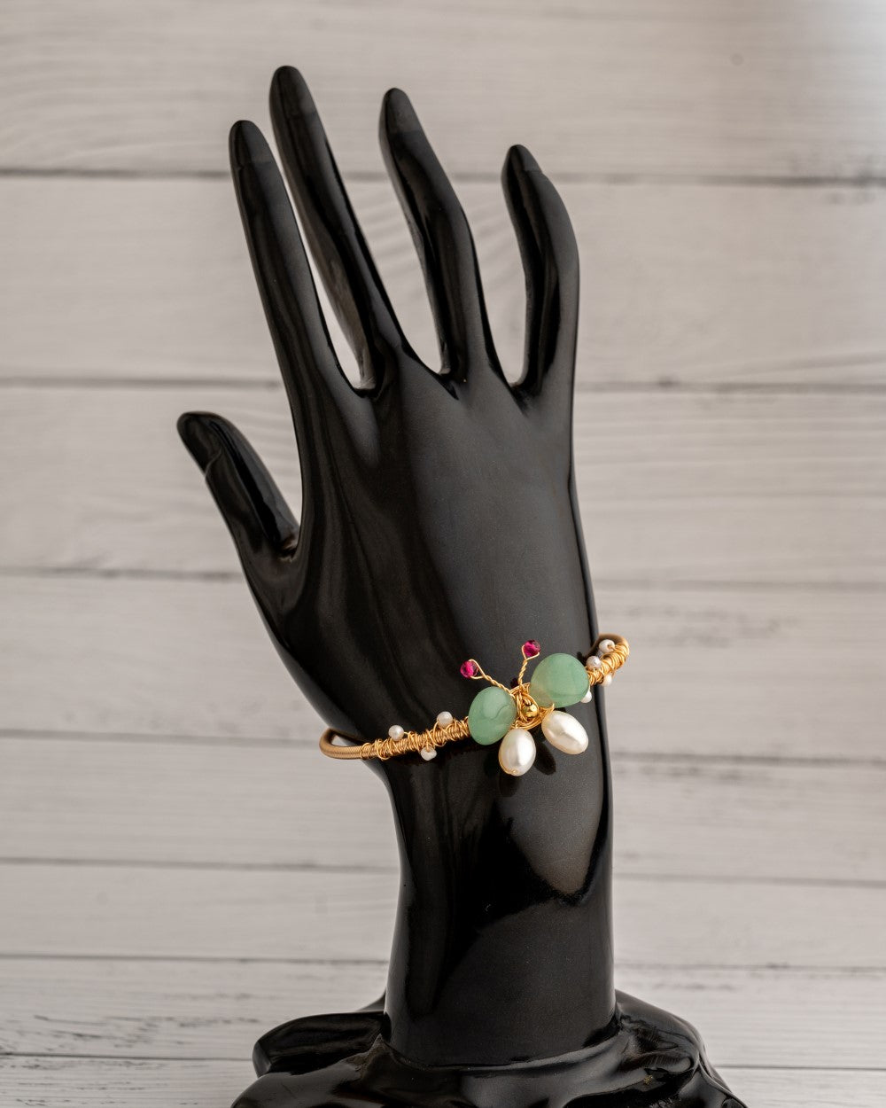 Butterfly Green Stones Pearl Brass