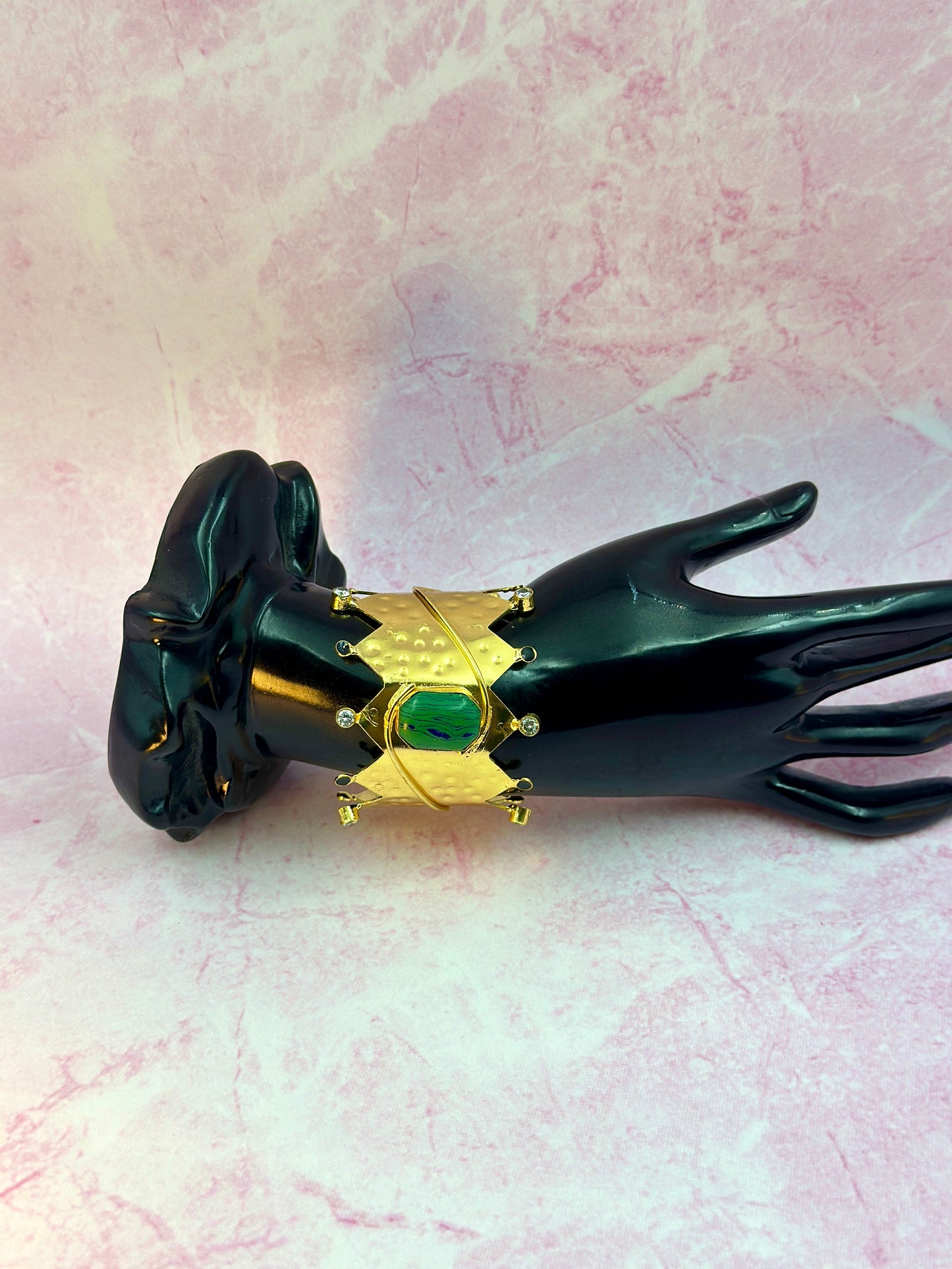 Gold Crown Bracelet With Big Green Stone