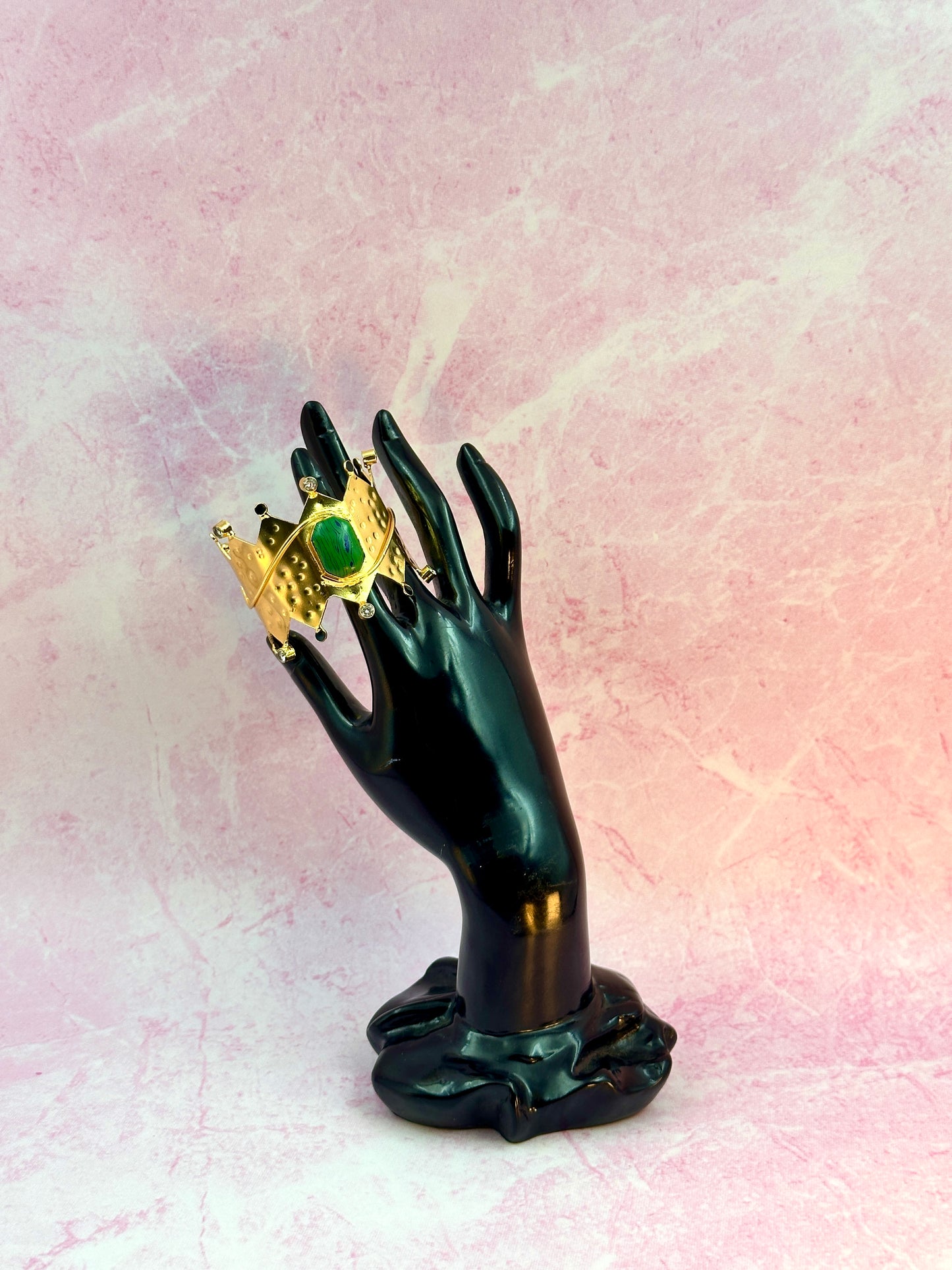 Gold Crown Bracelet With Big Green Stone