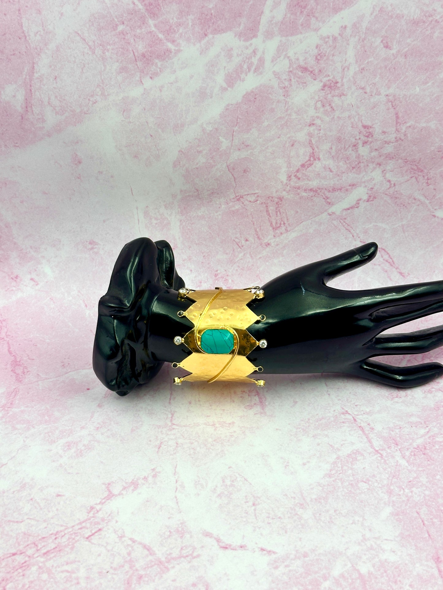 Gold Crown Bracelet With Big Sea Green Stone