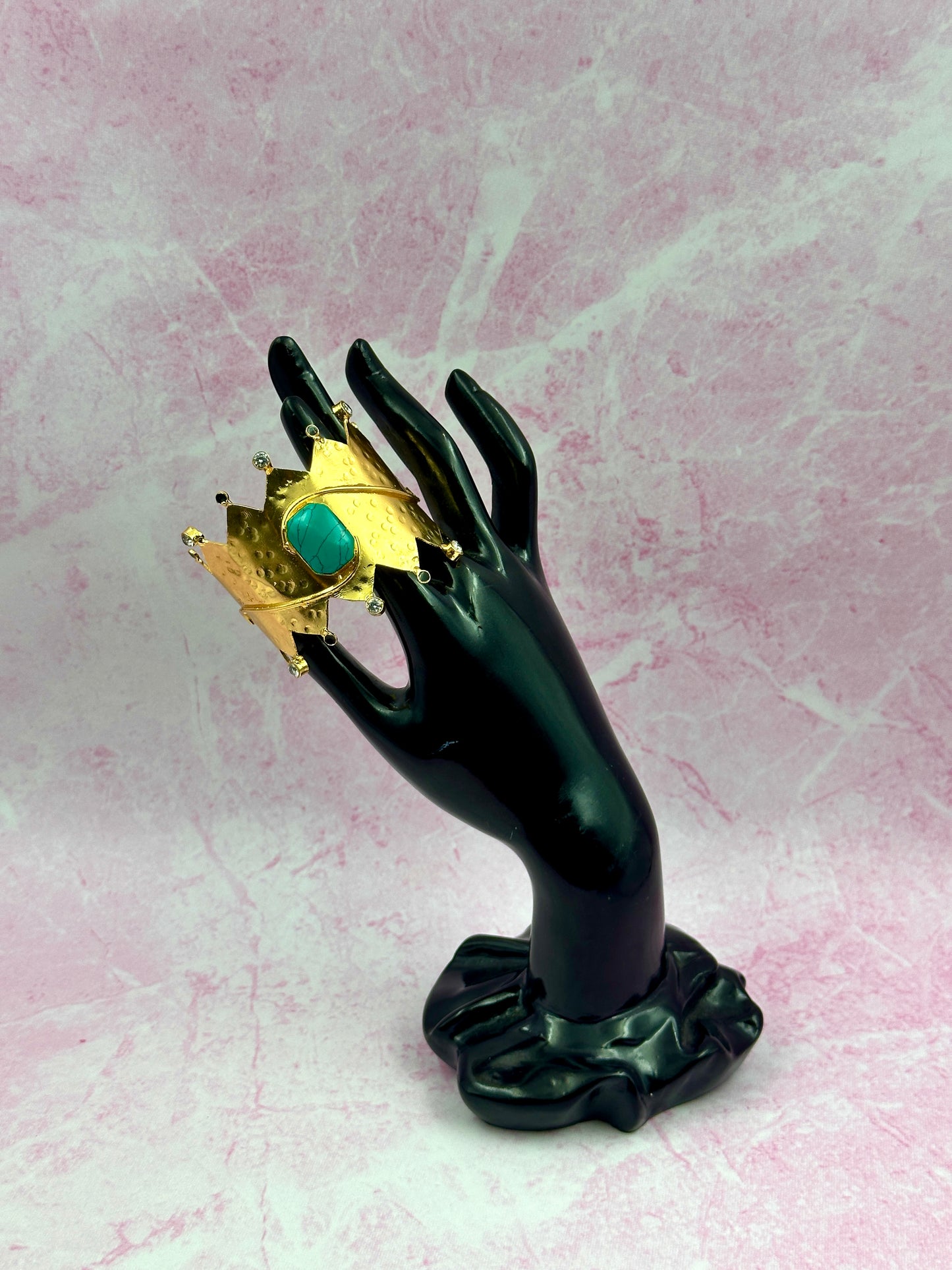Gold Crown Bracelet With Big Sea Green Stone