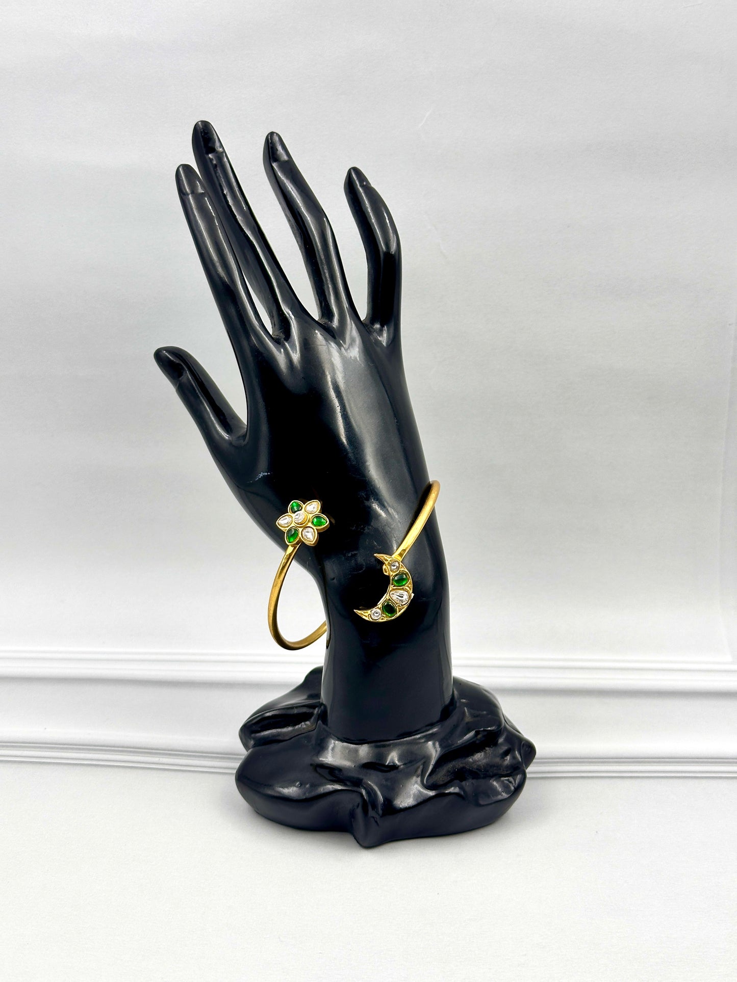 Gold Bracelet With Green & White Flower & Half Moon