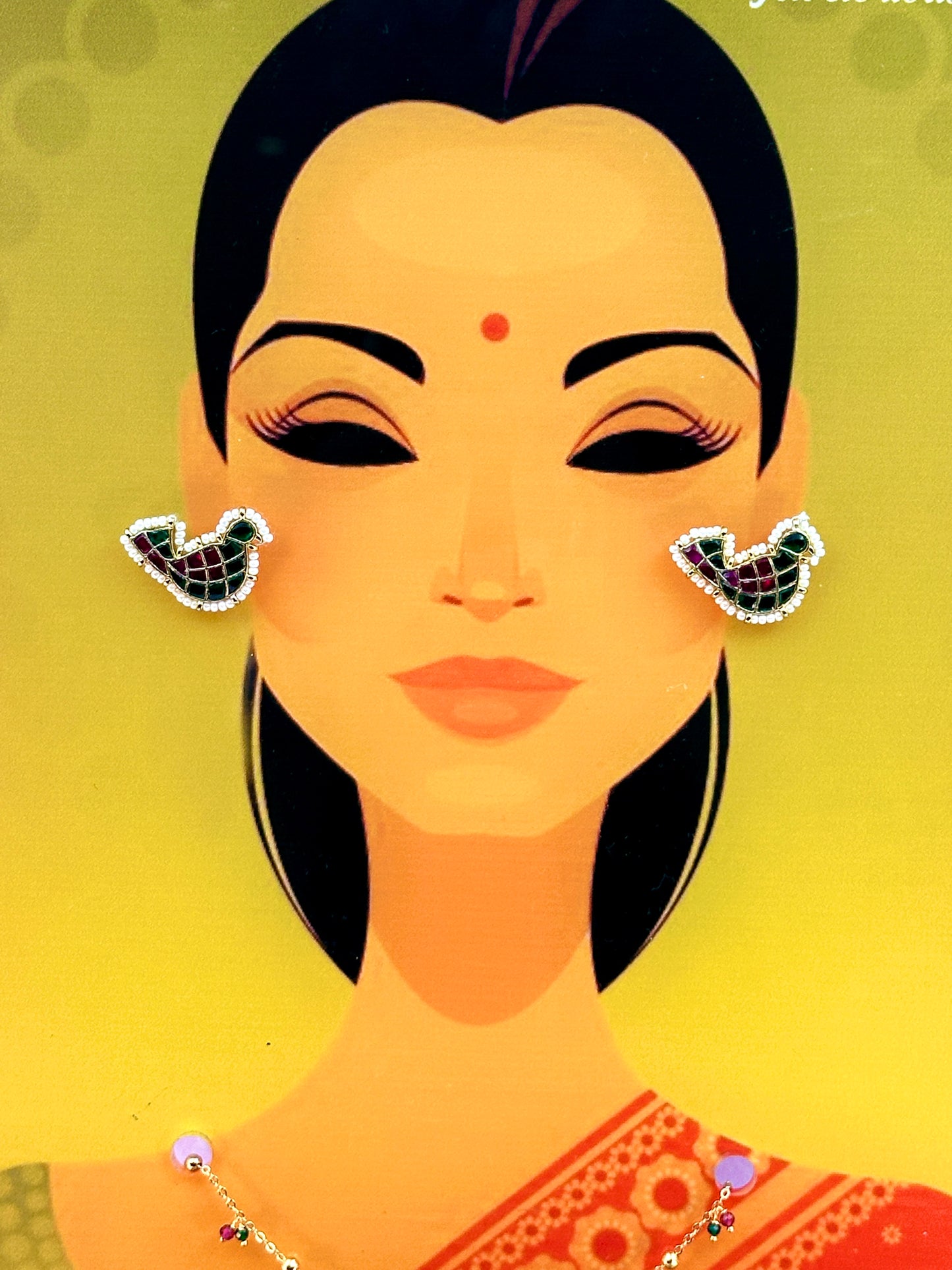 Green & Red Stone Small Bird Earring