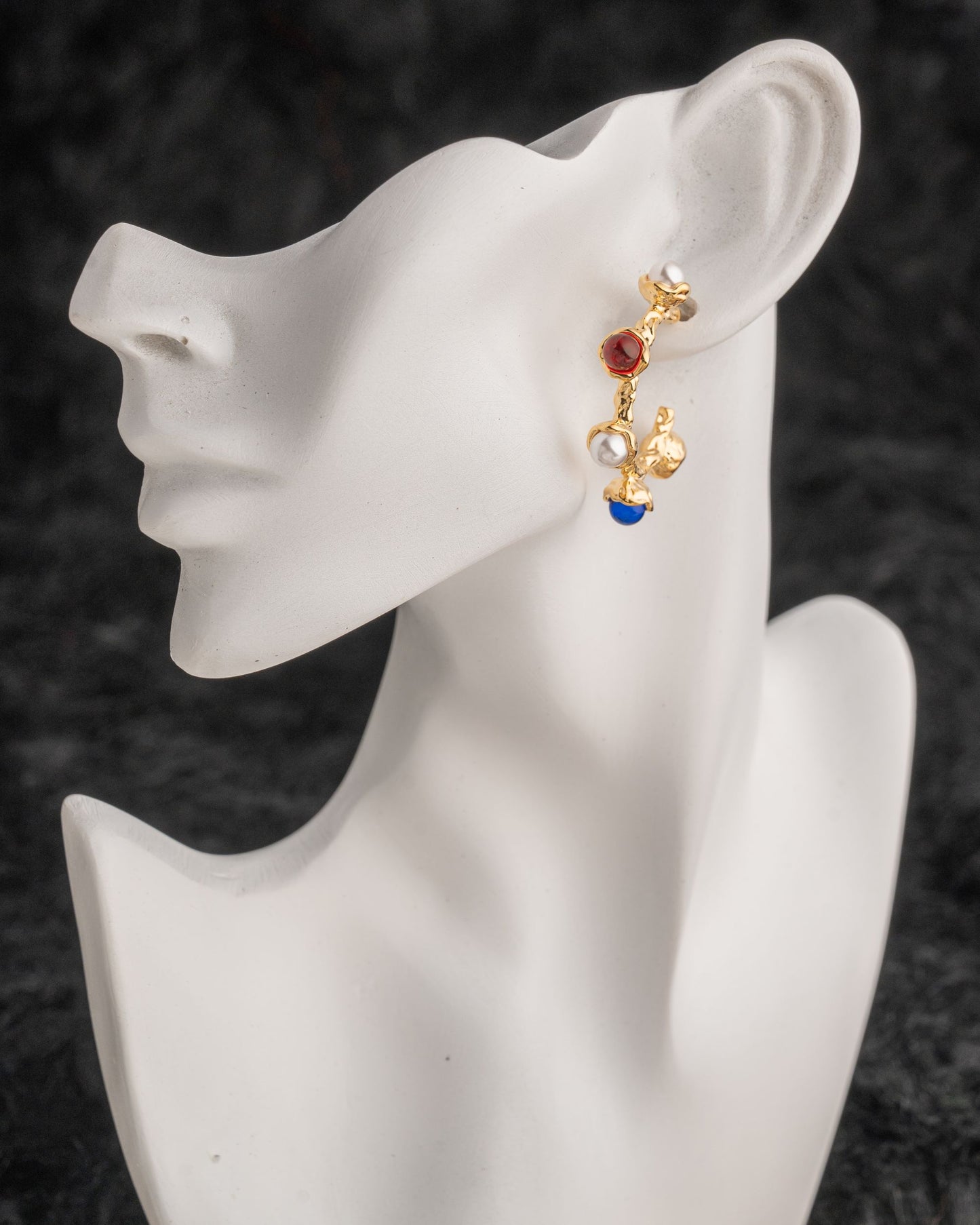 Gold Hoops With Red, Navy Blue, Stone & Pearl