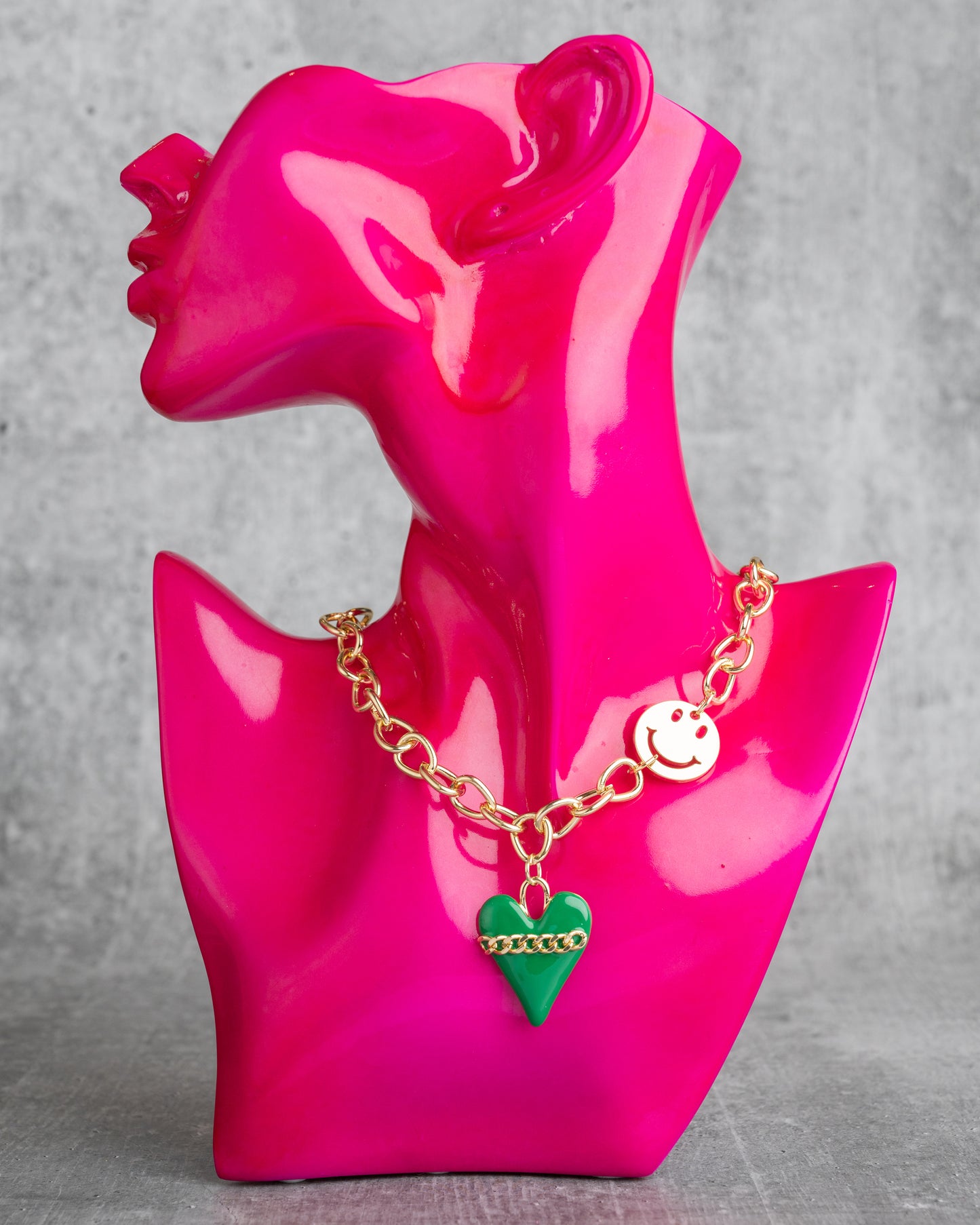 Gold Chain Heart Green With Gold Smiley