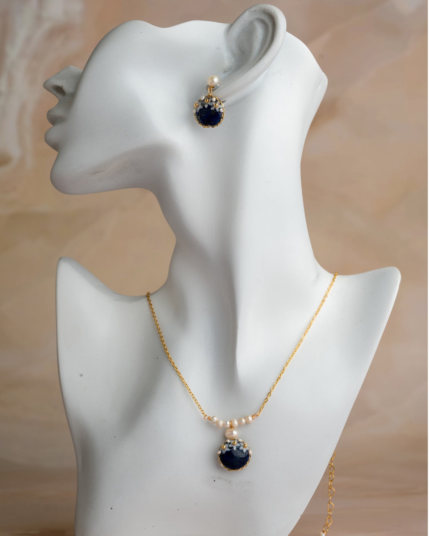 Navy Blue Pearls & Flower