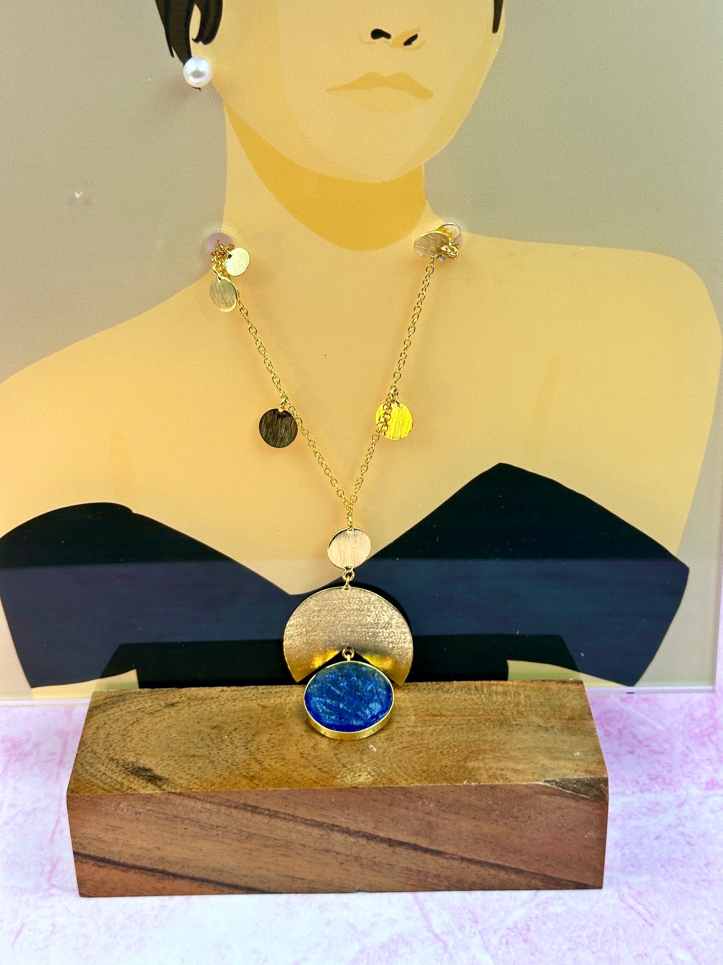 Gold Chain With Big Navy Blue Stone