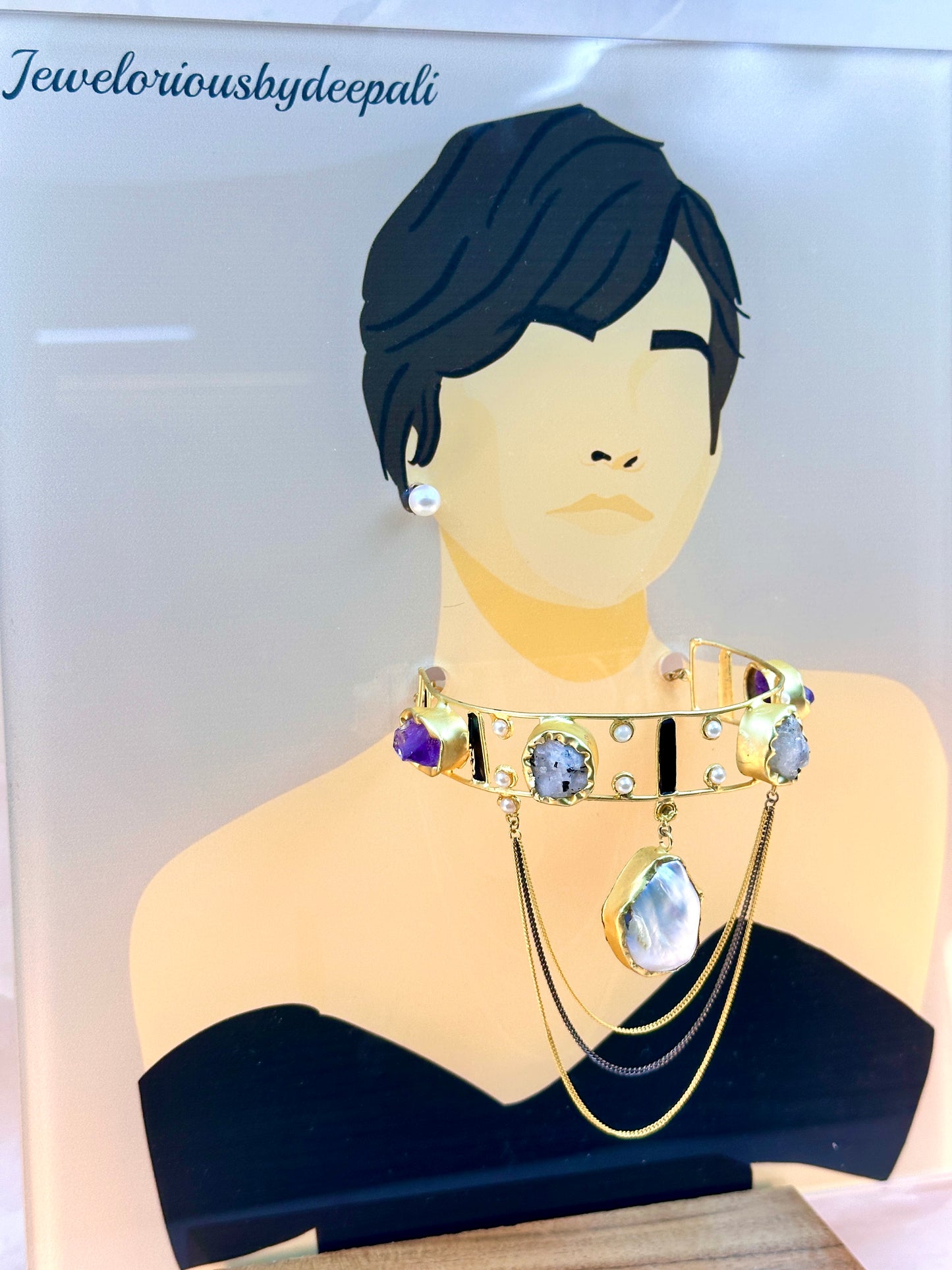 Gold Choker With White & Purple Stone