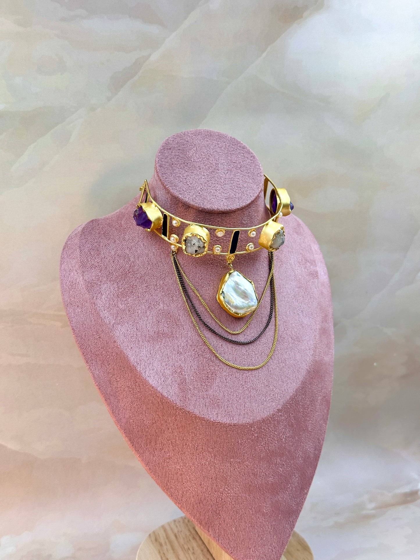 Gold Choker With White & Purple Stone