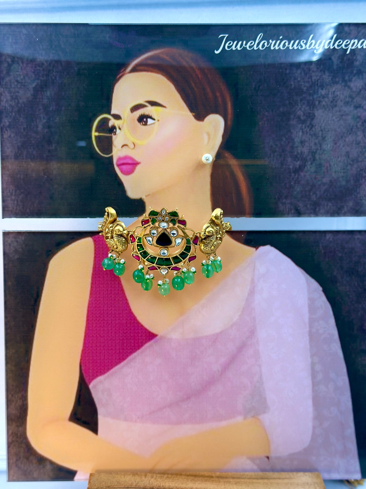 Gold Peacock With Green, Pink, White Kundan Work