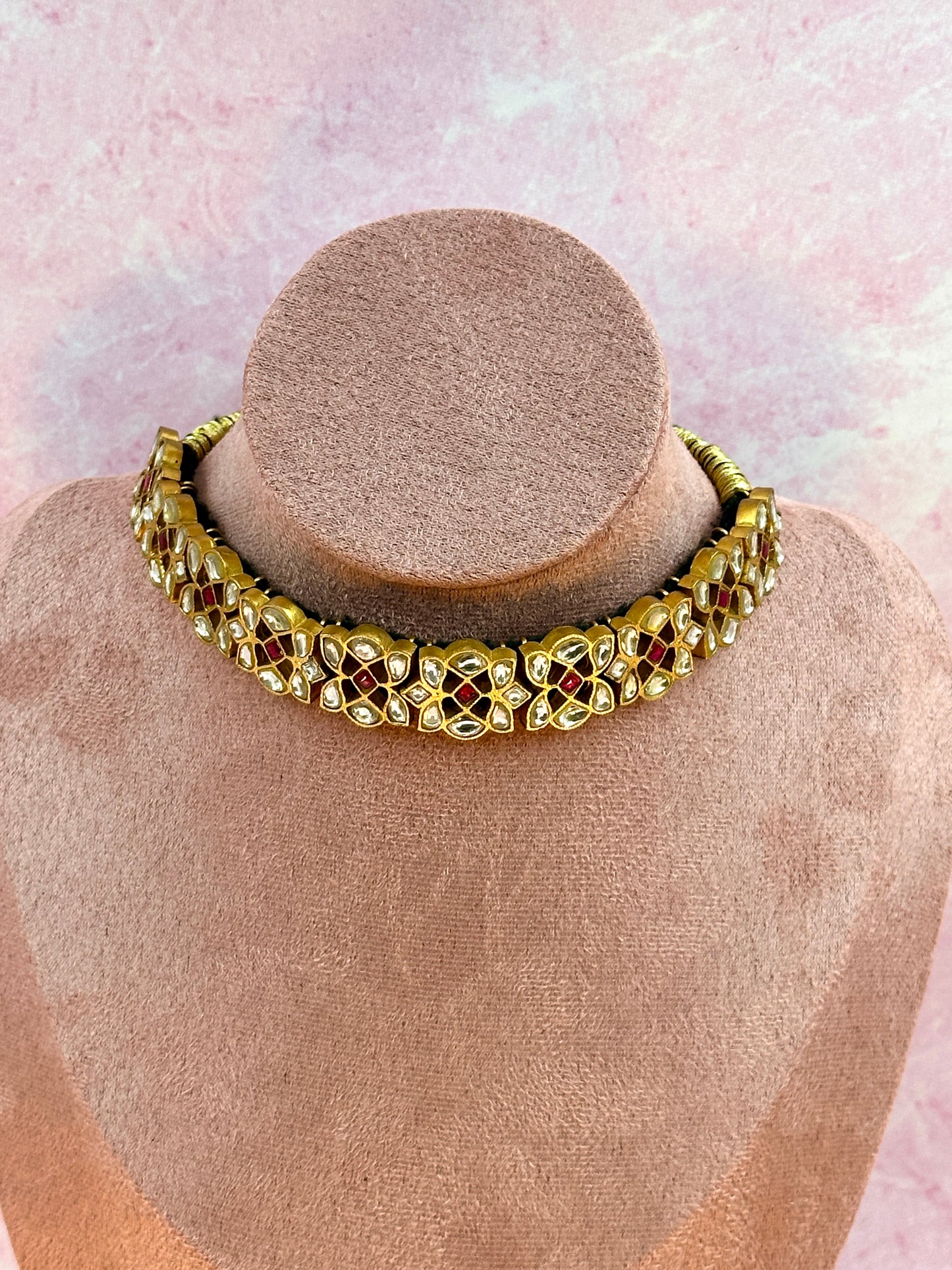 Neck - Gold With Pink & White Kundan Choker