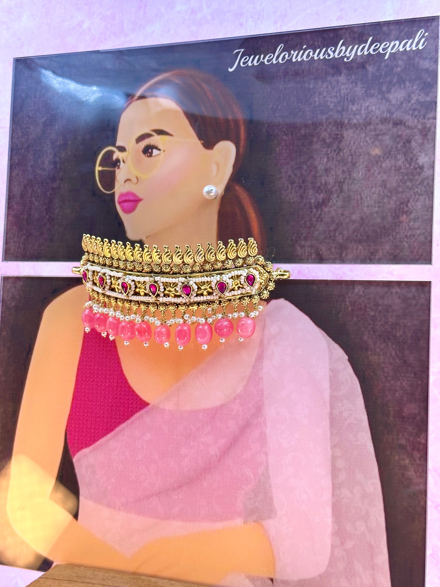 Gold Choker With Kundan & Pink Stone