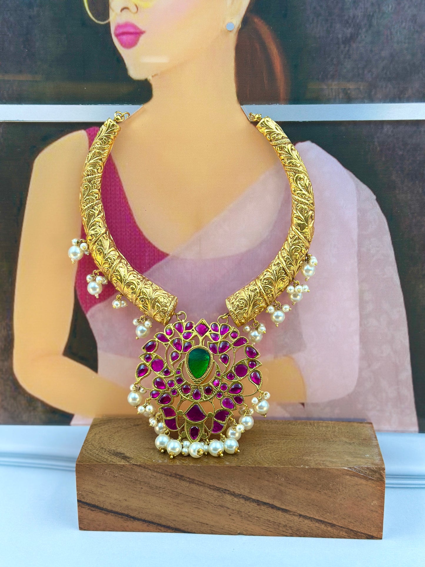 Gold Hasli With Multicolour Kundan Work