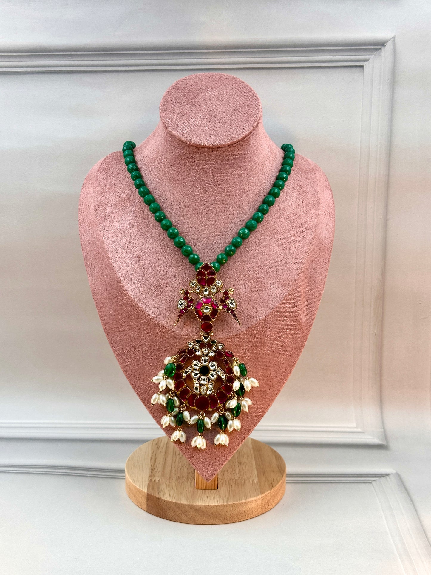 Long Pendant With Kundan Work With Green Beads