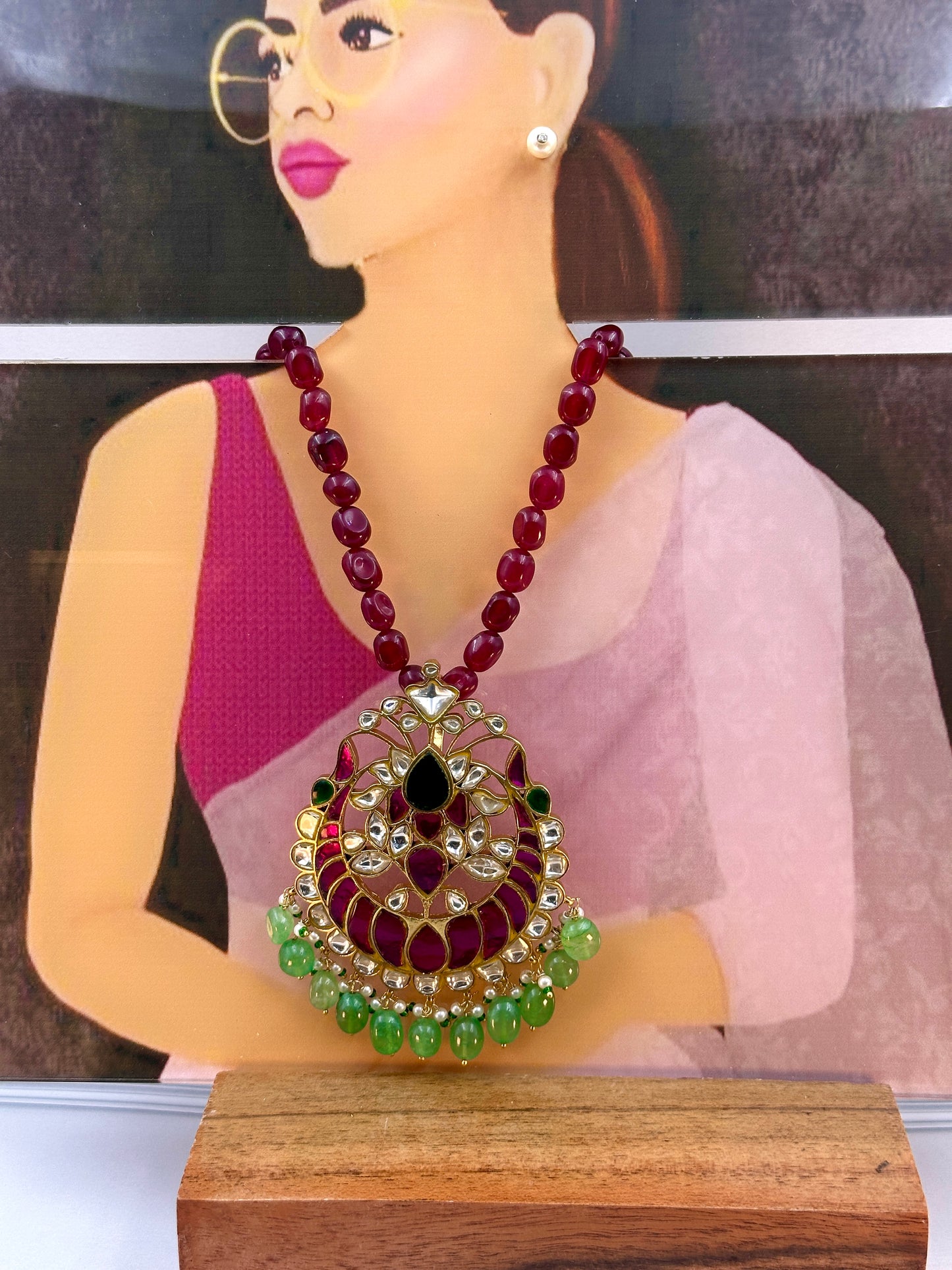 Multicolour Kundan Work With Green White Pearl Hanging