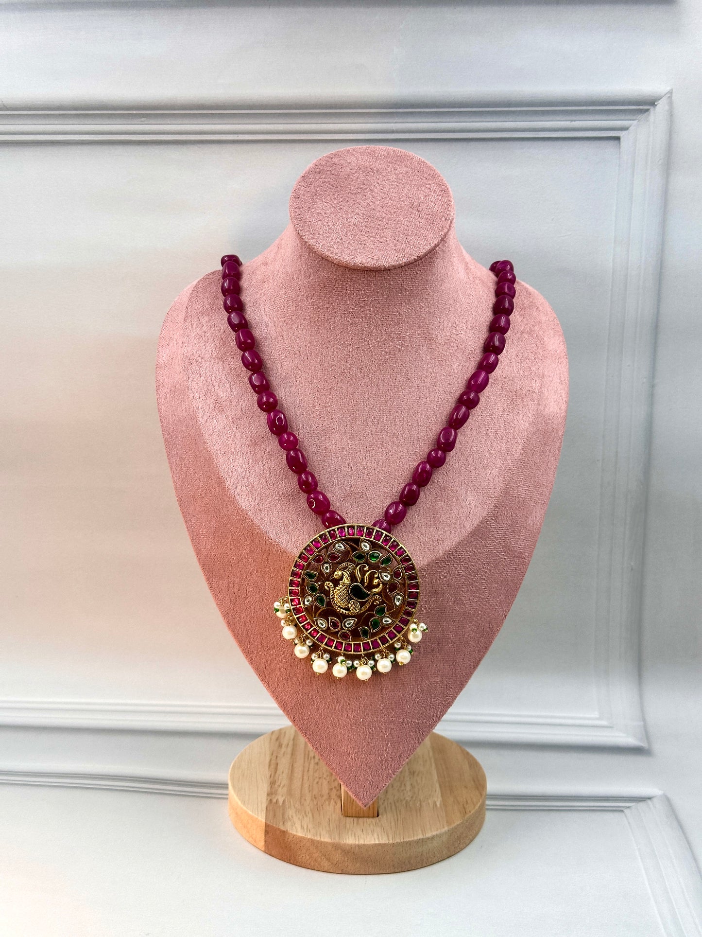 Gold Peacock With Multicolour Kundan Work With White Pearl Hanging