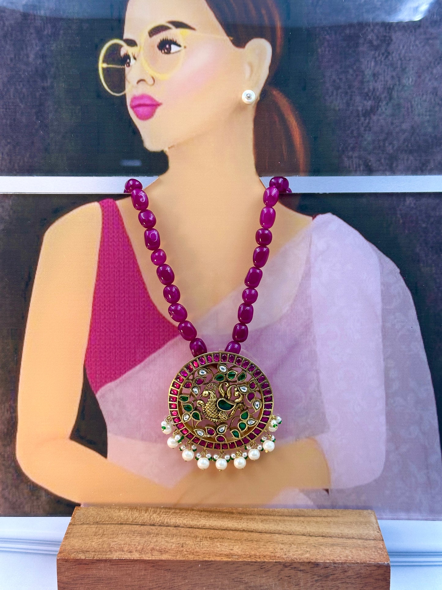 Gold Peacock With Multicolour Kundan Work With White Pearl Hanging