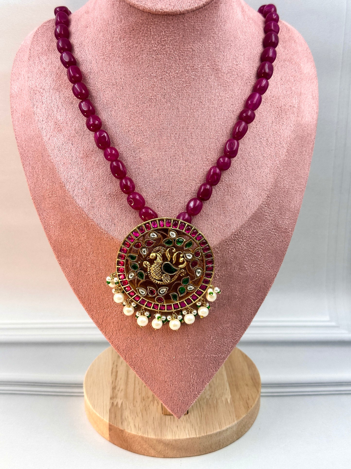 Gold Peacock With Multicolour Kundan Work With White Pearl Hanging