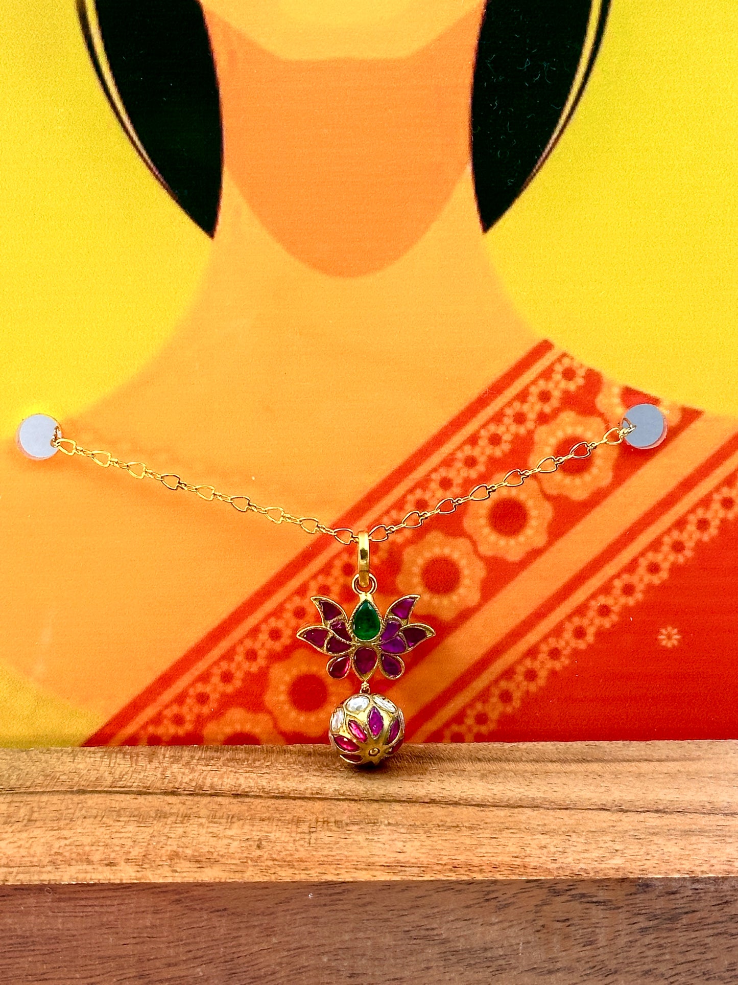 Green & Pink Kundan Lotus With Kundan Work Ball Hanging
