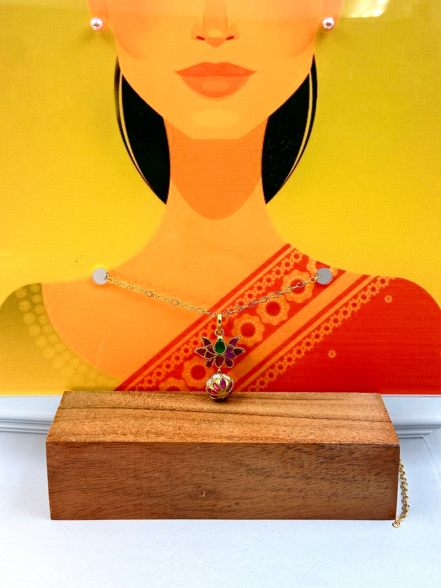 Green & Pink Kundan Lotus With Kundan Work Ball Hanging