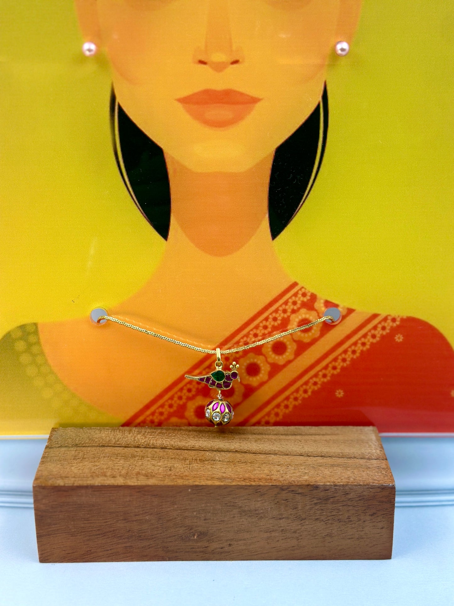 Pen - Green & Pink Kundan Bird With Pink & Kundan Work Ball Hanging