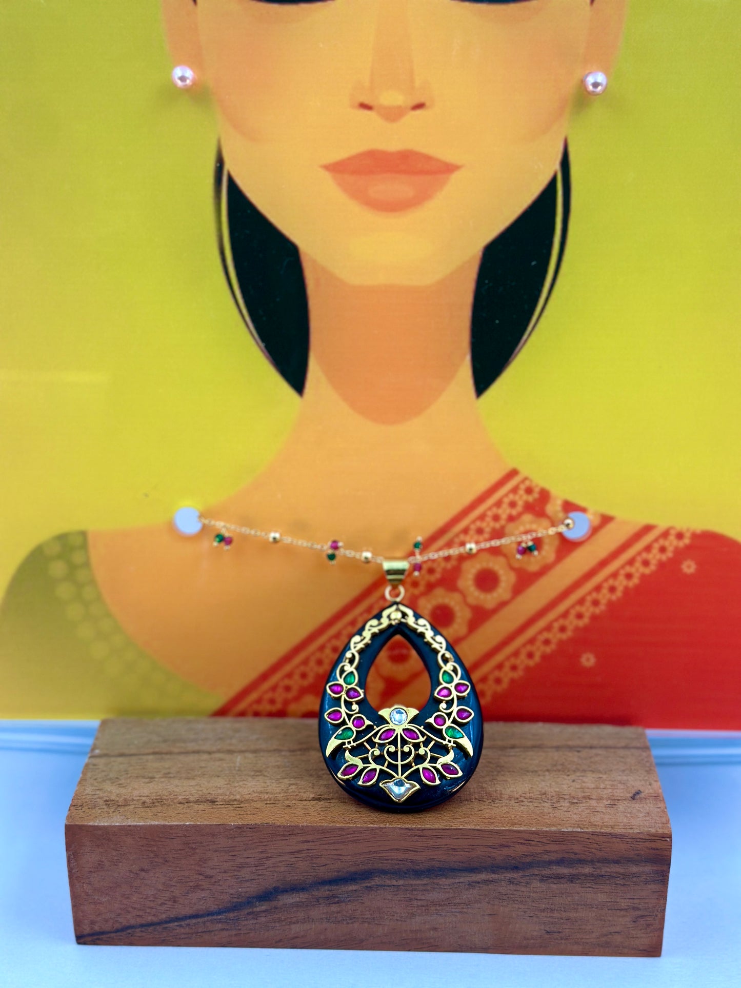 Big Black Oval Shaped Pendant With Gold Work