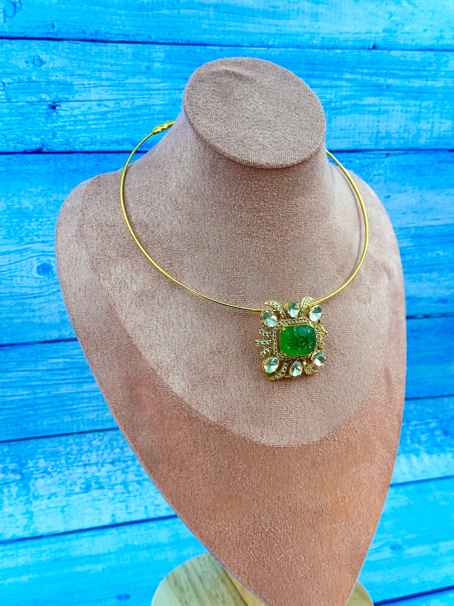 White Moissanite Stone With Big Centre Green Stone Pendant