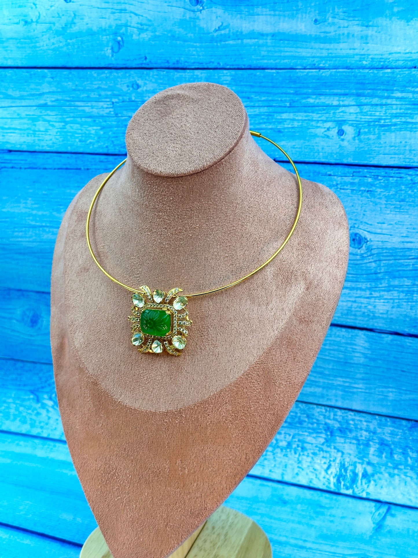 White Moissanite Stone With Big Centre Green Stone Pendant