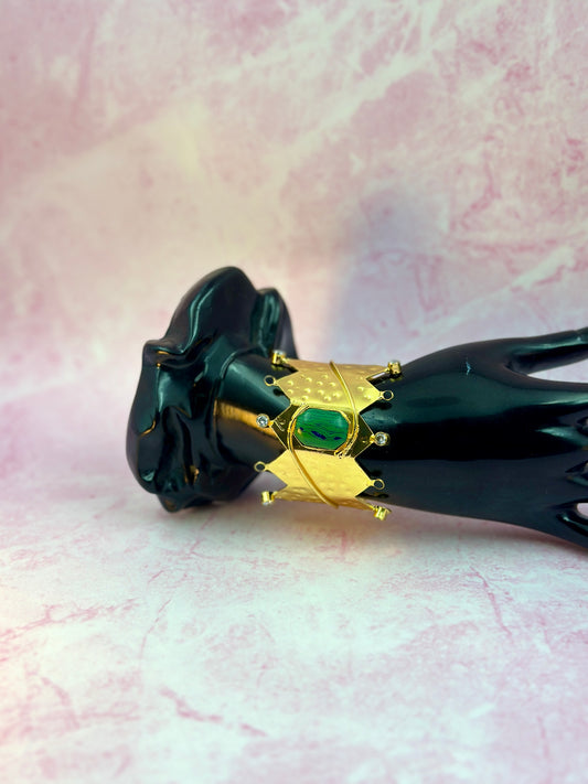 Gold Crown Bracelet With Big Green Stone