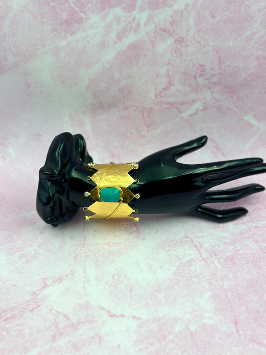 Gold Crown Bracelet With Big Sea Green Stone
