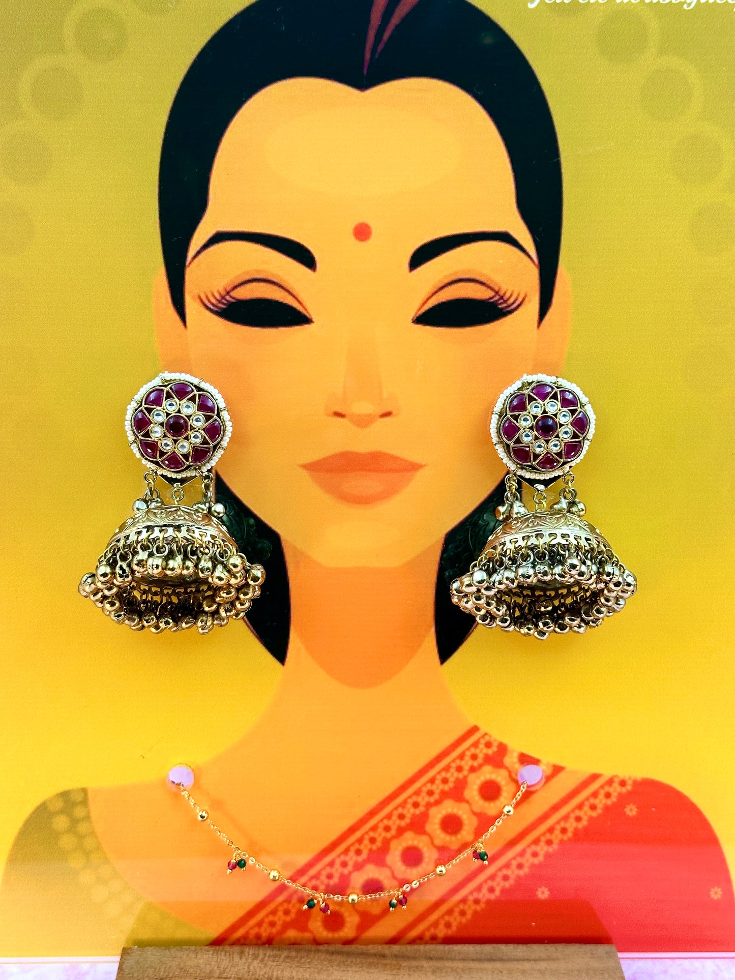 Gold & Pink, White Stone Jumka