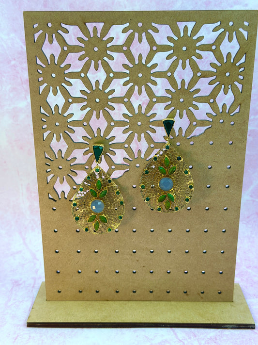 Ear - Grey & Green Stone & Gold Long Earring