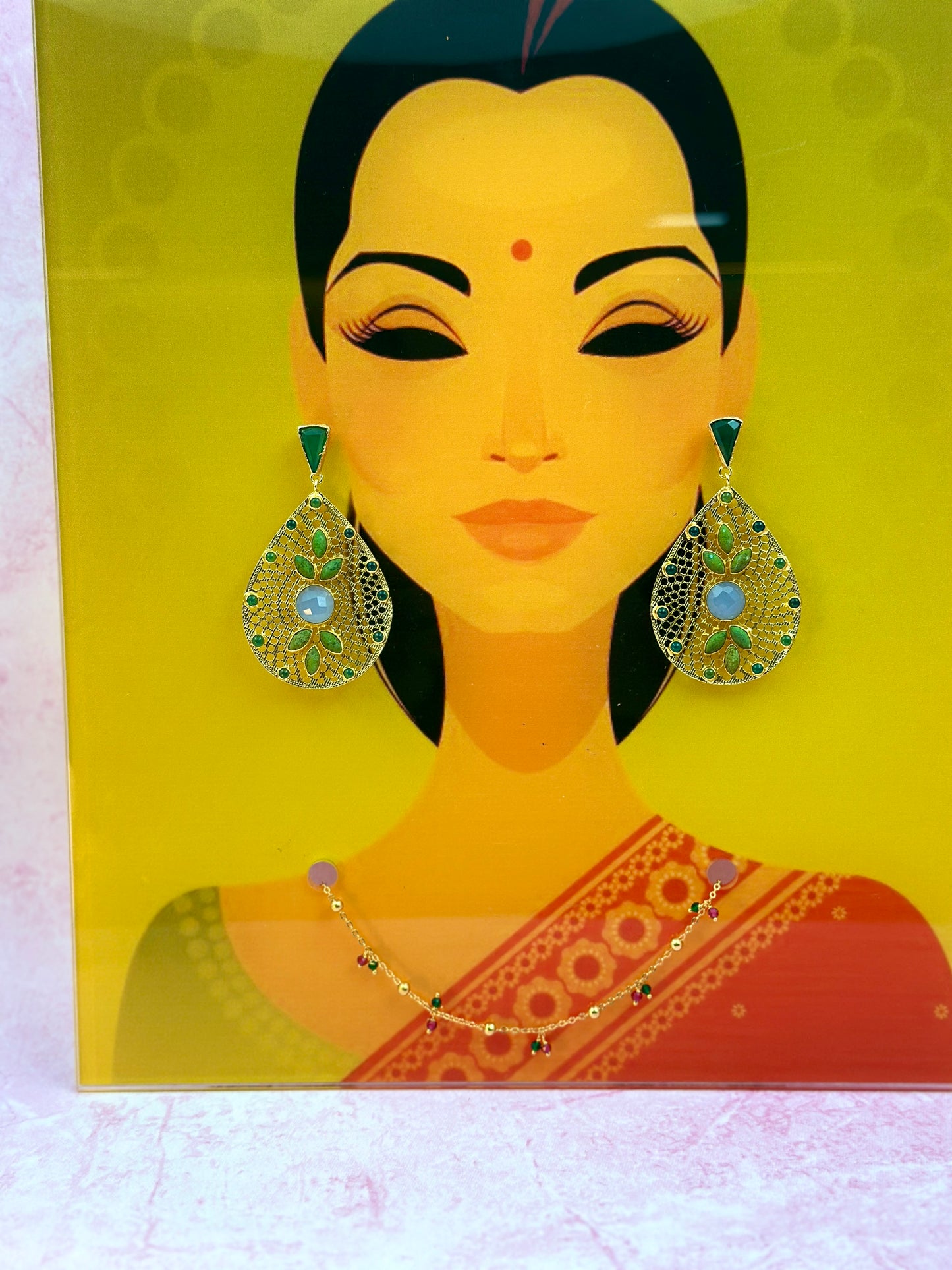 Ear - Grey & Green Stone & Gold Long Earring