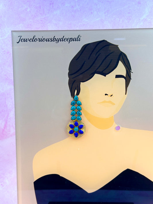 Ear - Turquoise Blue & Blue Stone in  Leaf Shape Hanging