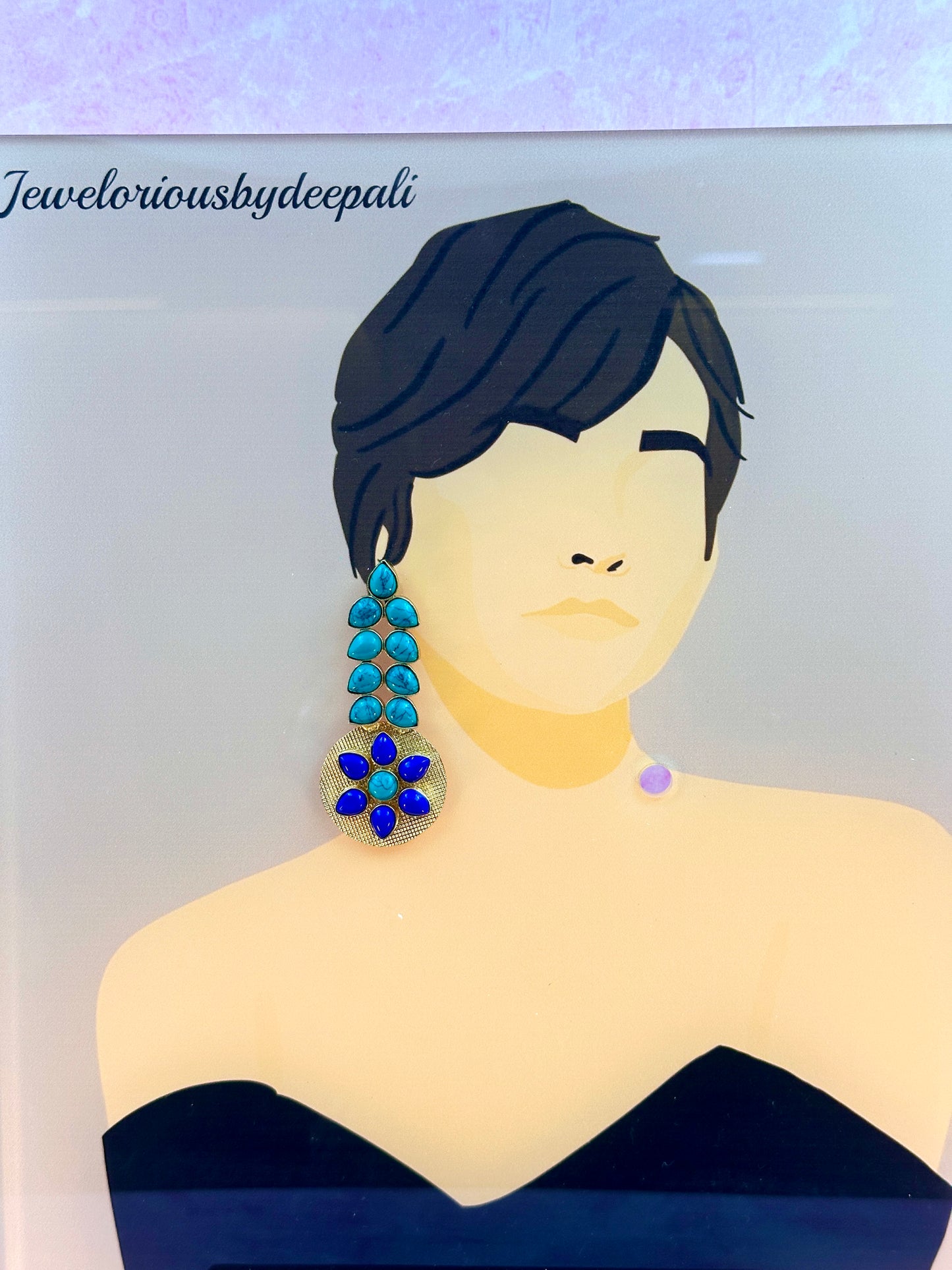 Ear - Turquoise Blue & Blue Stone in  Leaf Shape Hanging