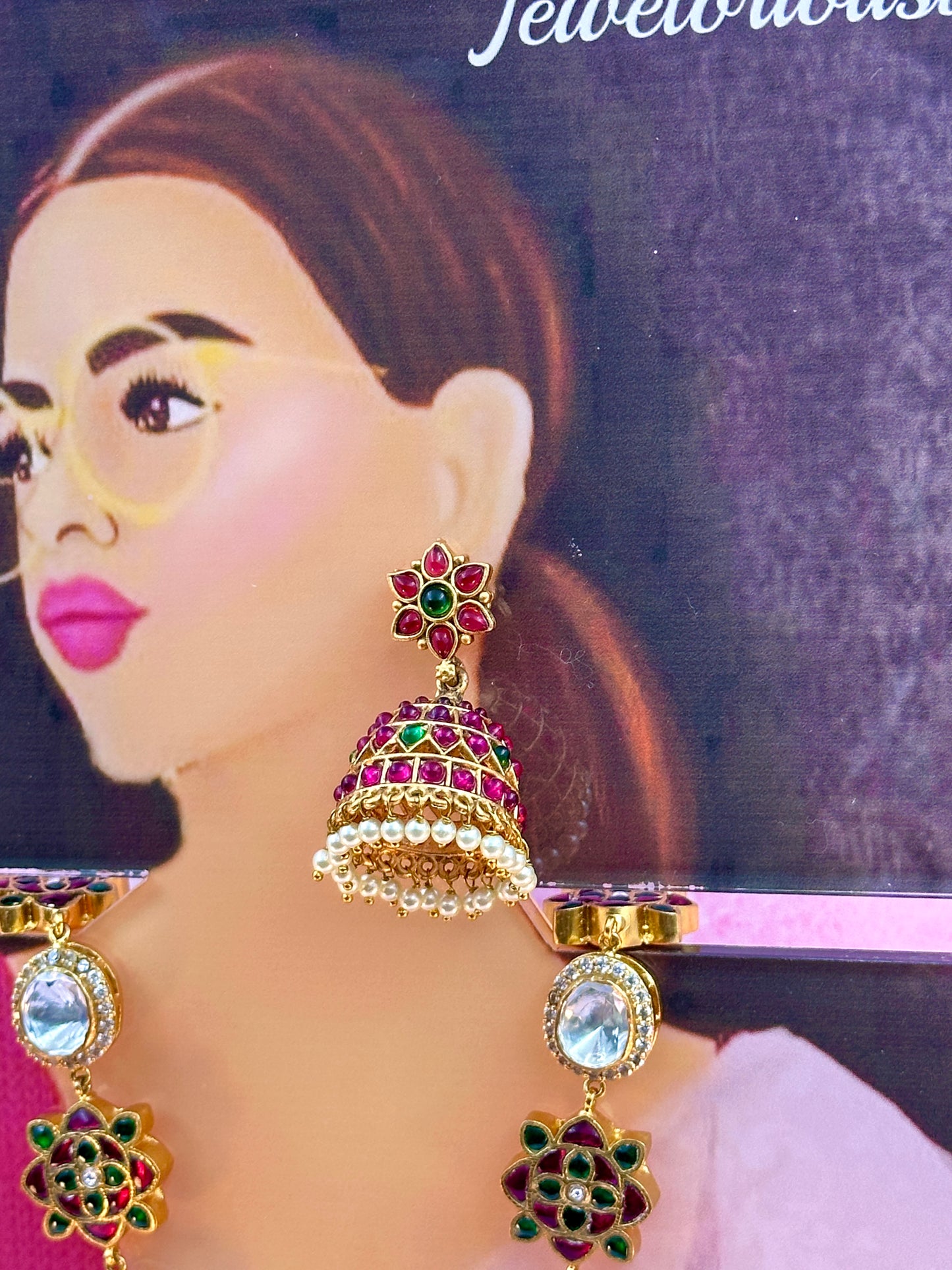 Pink & Green Flower With Pink & Green Jhumka