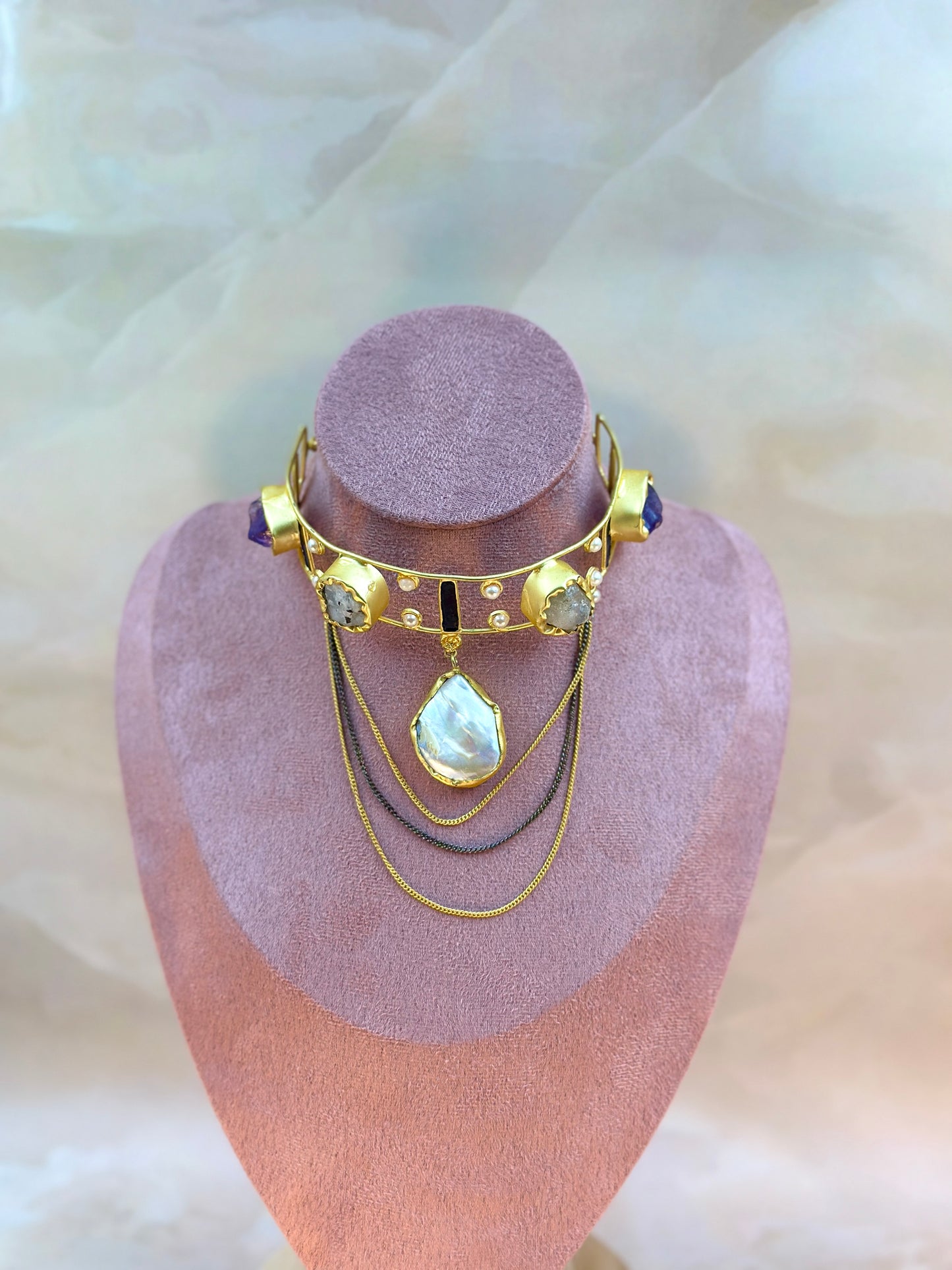 Gold Choker With White & Purple Stone