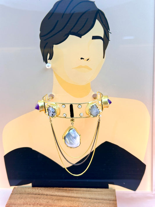 Gold Choker With White & Purple Stone