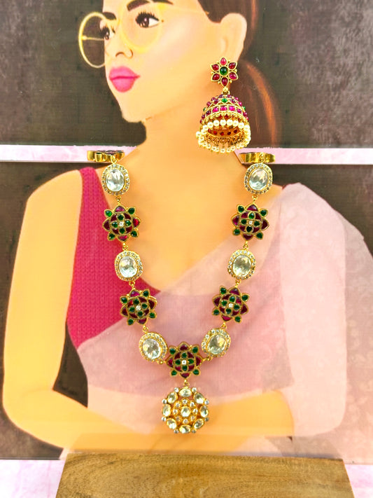 Long Necklace With Kundan Work Flower