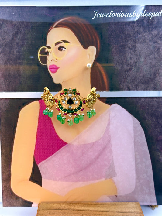 Gold Peacock With Green, Pink, White Kundan Work