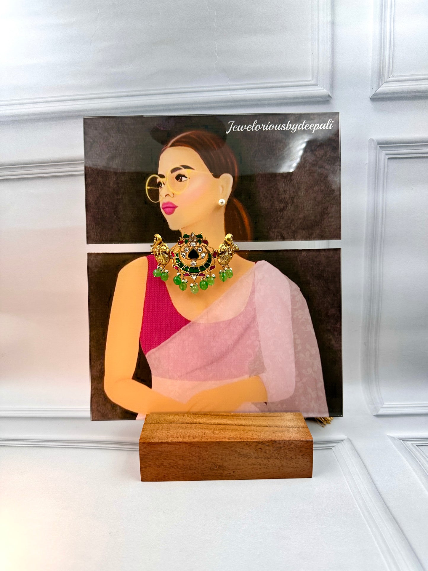 Gold Peacock With Green, Pink, White Kundan Work