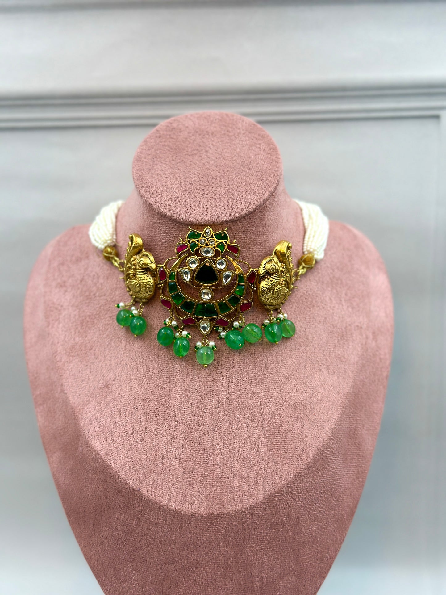 Gold Peacock With Green, Pink, White Kundan Work