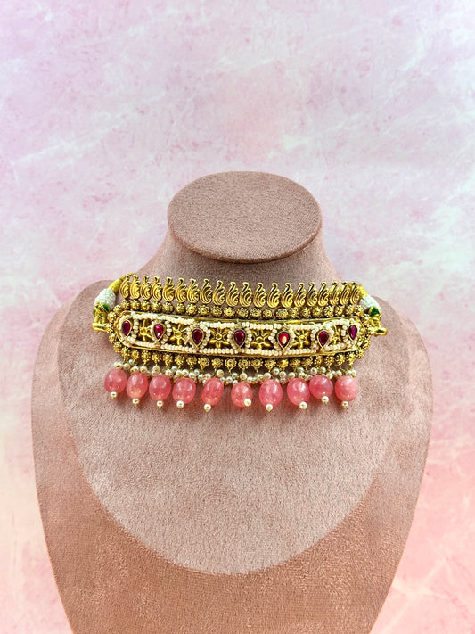 Gold Choker With Kundan & Pink Stone