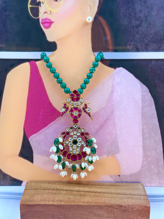 Long Pendant With Kundan Work With Green Beads