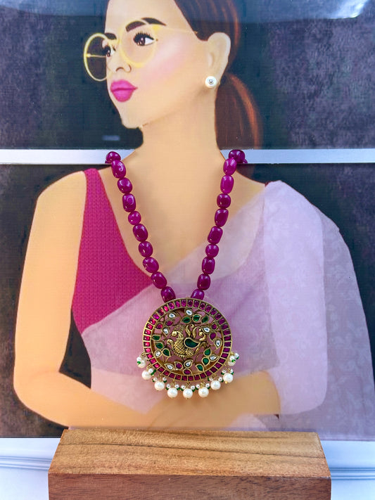 Gold Peacock With Multicolour Kundan Work With White Pearl Hanging