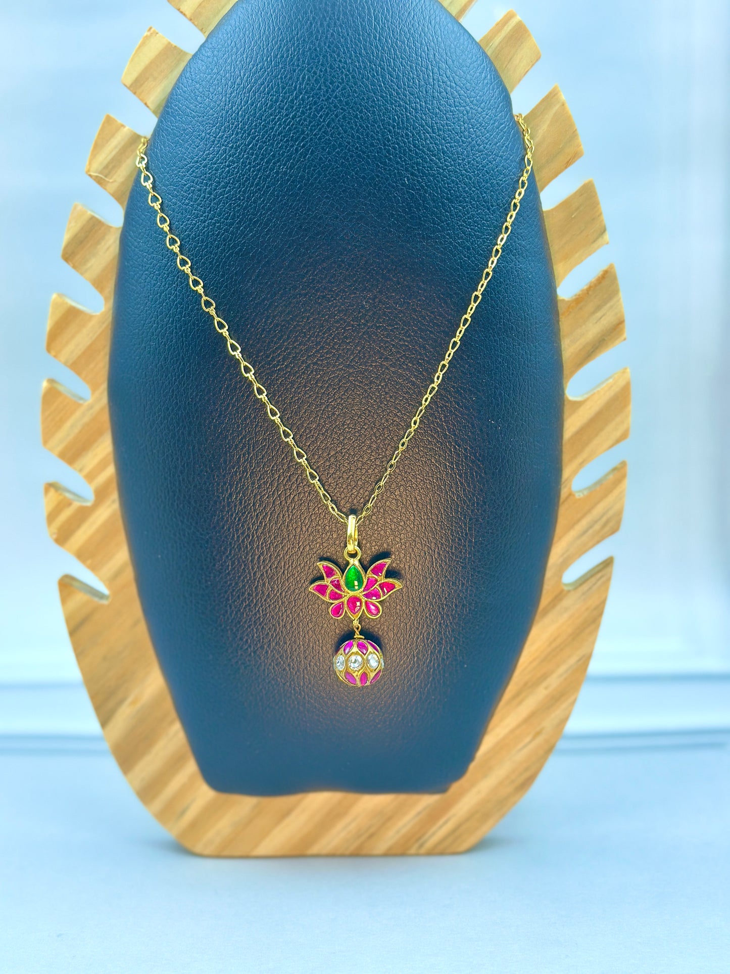 Green & Pink Kundan Lotus With Kundan Work  Ball Hanging