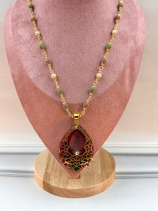 Big Maroon Oval Shaped Pendant With Gold Work