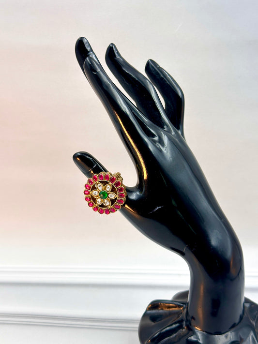 Gold & Flower Kundan Work Ring